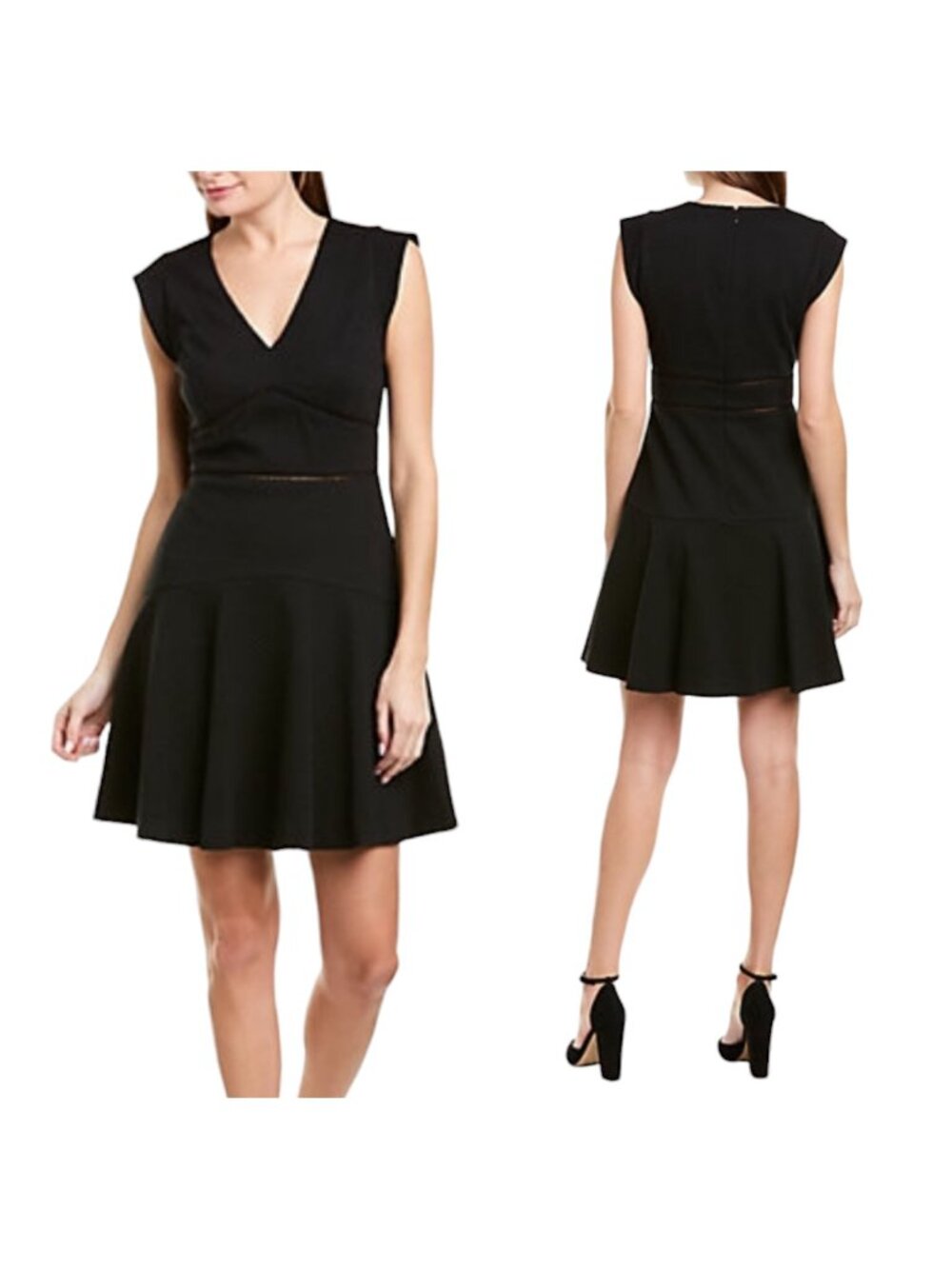 NWT Rebecca Taylor "Taylor" diamond-pattern Black Cap-Sleeve V-Neck dress Size 8